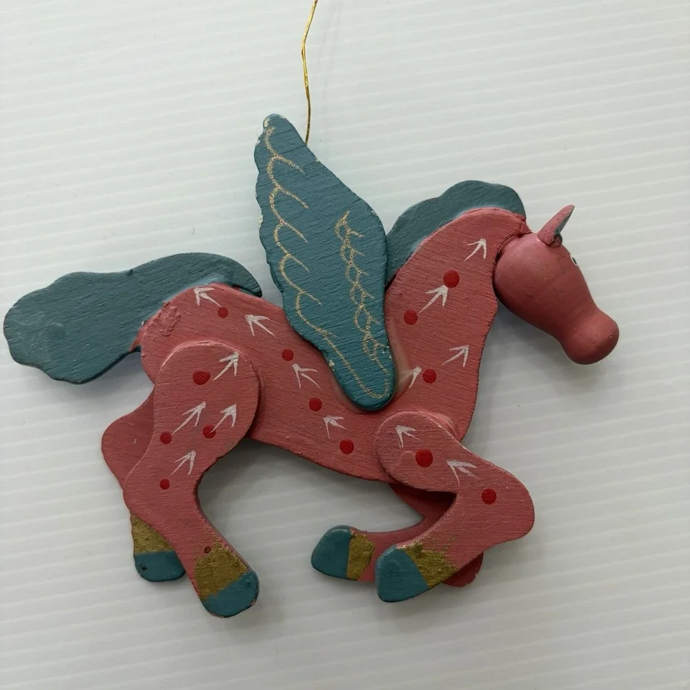 Vintage Pink Pegasus Christmas Ornament Unicorn Pink Blue Folk Art
